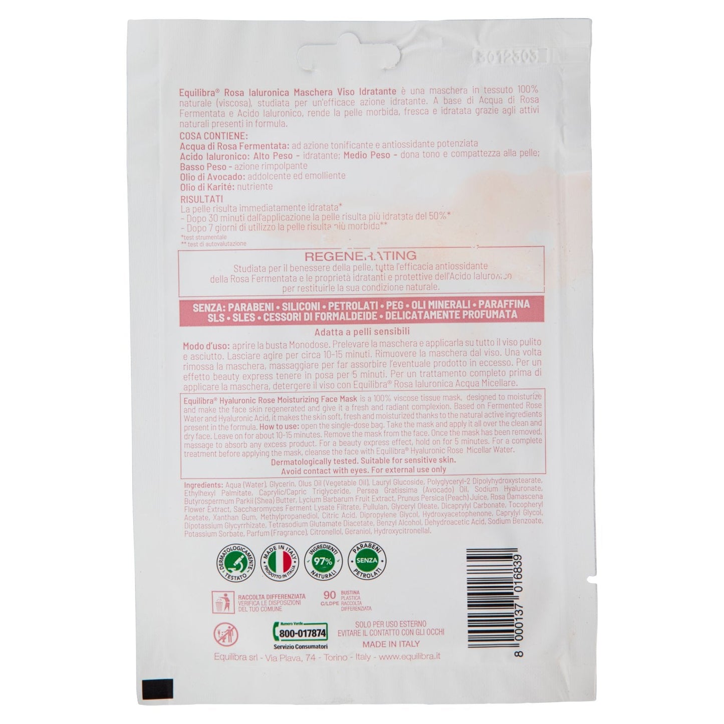 Equilibra Rosa Ialuronica Maschera Viso Idratante in Tessuto 100% Naturale 1 Pezzo