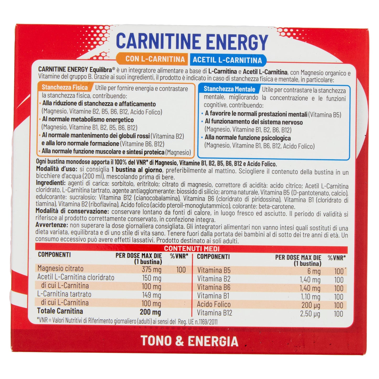 Carnitine Energy per stanchezza fisica e mentale
12 bustine